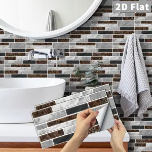 6/12/24/48PCS/Box FG Retro Brown Grey Marble Mosaic Peel and Stick Tile, PVC Crystal Film Waterproof Oil-Proof Removable Wall Sticker for Kitchen Bathroom Floor