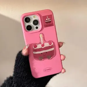 ins Korean Cute 3D Cartoon Raspberry Cake Soft Phone Case For iPhone 16 Plus 15 14 13 12 Pro Max Shockproof Protective Cover Protection Protector Casing Cellphone