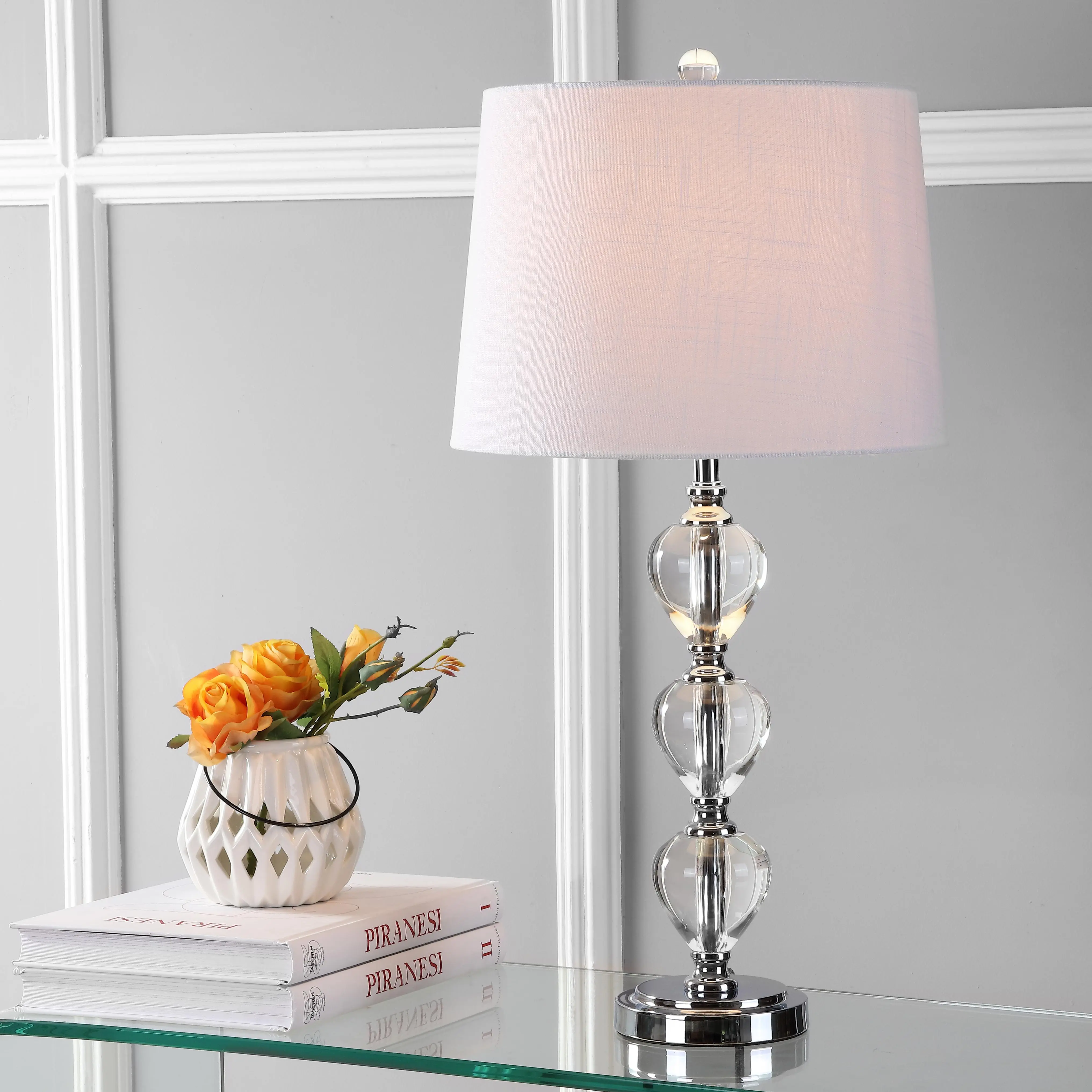 JONATHAN Y Cole 27" Traditional Crystal Bedside Table Lamp, Clear/Chrome | White Linen Drum Shade, UL Listed, 60" Silk Cord, Metal Base, LED Bulb Included