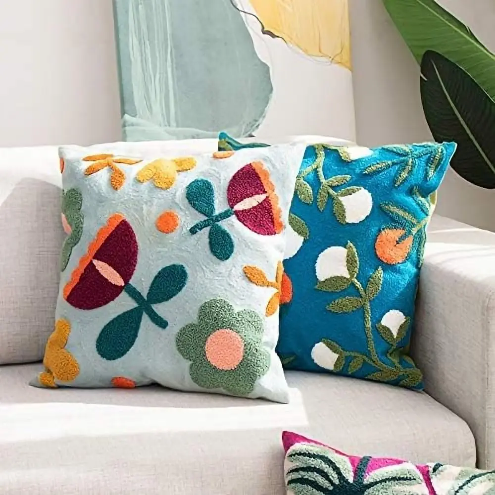 MOCOFO Monstera Design Canvas Embroidered Pillow Case 18x18'' Spring Embroidery Craft Modern Simple Sofa Office Pillow Cover Durable Cotton Decorative Cushion