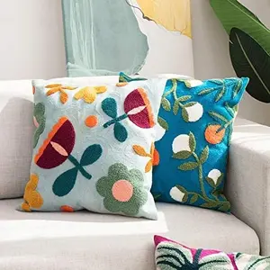 MOCOFO Monstera Design Canvas Embroidered Pillow Case 18x18'' Spring Embroidery Craft Modern Simple Sofa Office Pillow Cover Durable Cotton Decorative Cushion