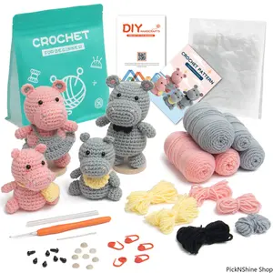Hippo Family Crochet Kit, DIY Hand Knitting Material Set with English Guide, Ideal for Beginner Crafters, Leisure Handicraft Creation and Daily Gift Preparation