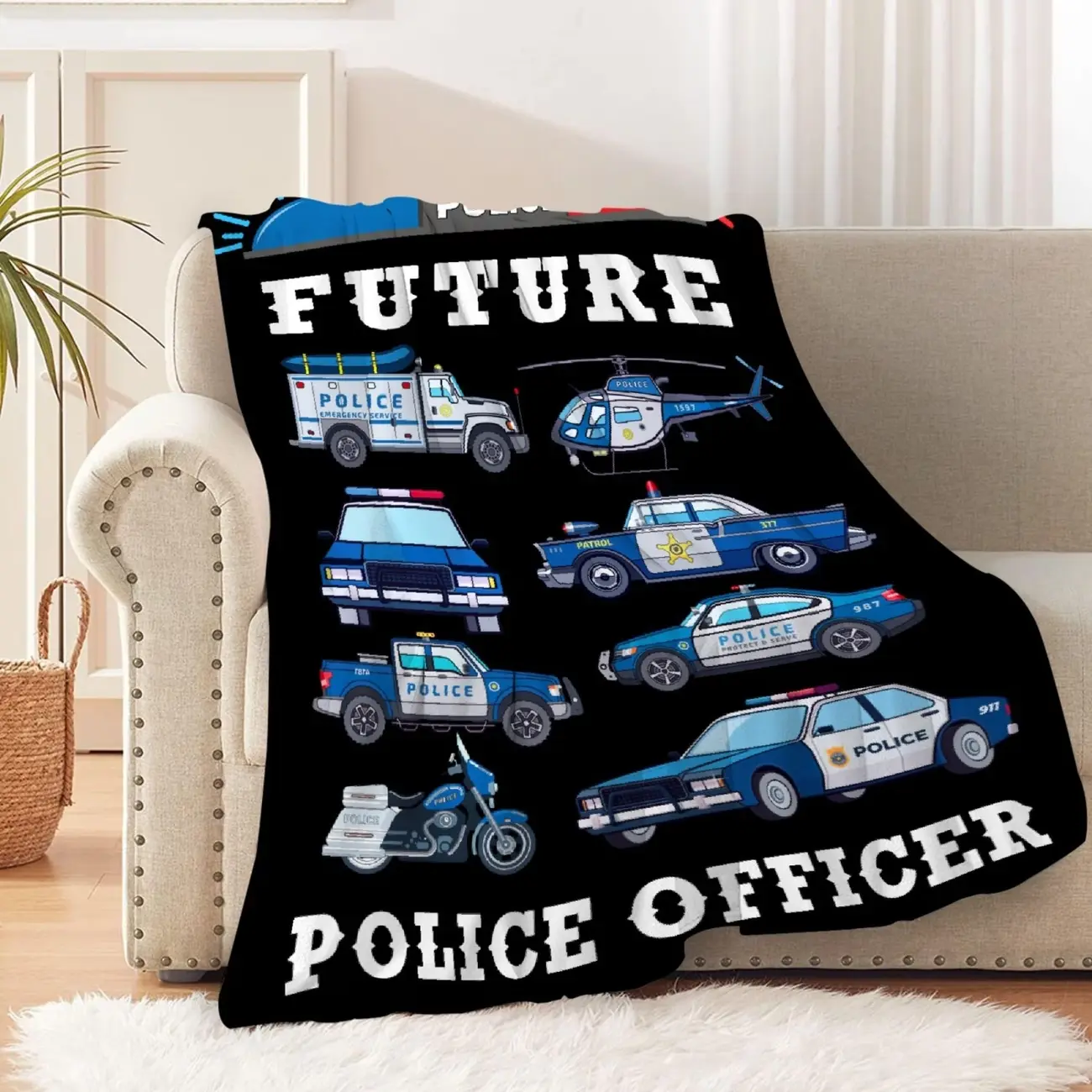 Soft Flannel Police Car Blanket - Perfect for Boys & Girls, Cozy Cartoon Design Throw for Couch or Bed, Ideal Gift for Police Officers, Machine Washable, All-Season Comfort