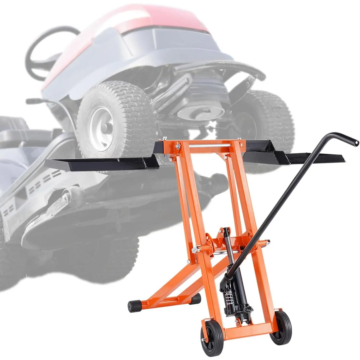 VEVOR Lawn Mower Lift with Hydraulic Jack, 500 Lbs Weight Capacity, Solid Carbon Steel Lawn Mower Lift, Adjustable Movable Lawn Lifter for Riding Tractors and Zero Turn Lawn Mowers, Orange