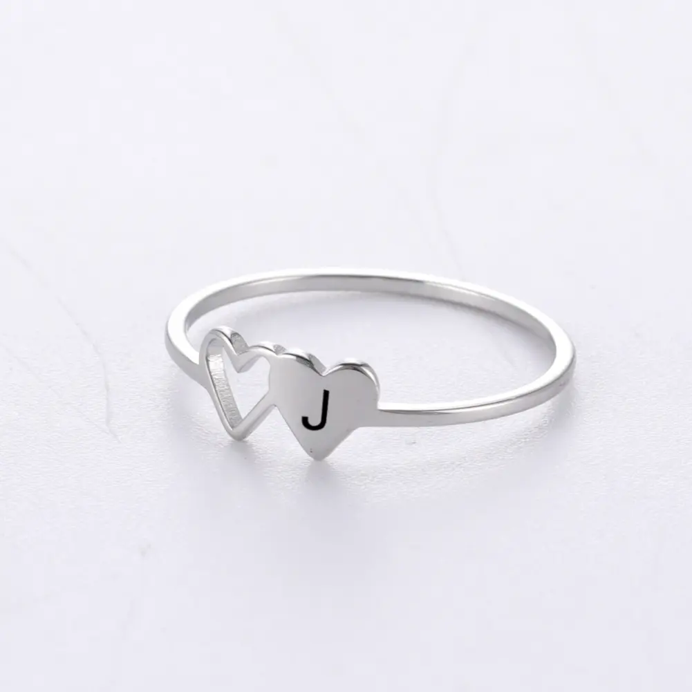 A-Z Initial Heart Ring for Women, Double Heart Open Ring with Letter Charm, Minimalist Stainless Steel Adjustable Couple Ring, Personalized Alphabet Jewelry Gift for Girlfriend Wife Best Friend Birthday Anniversary