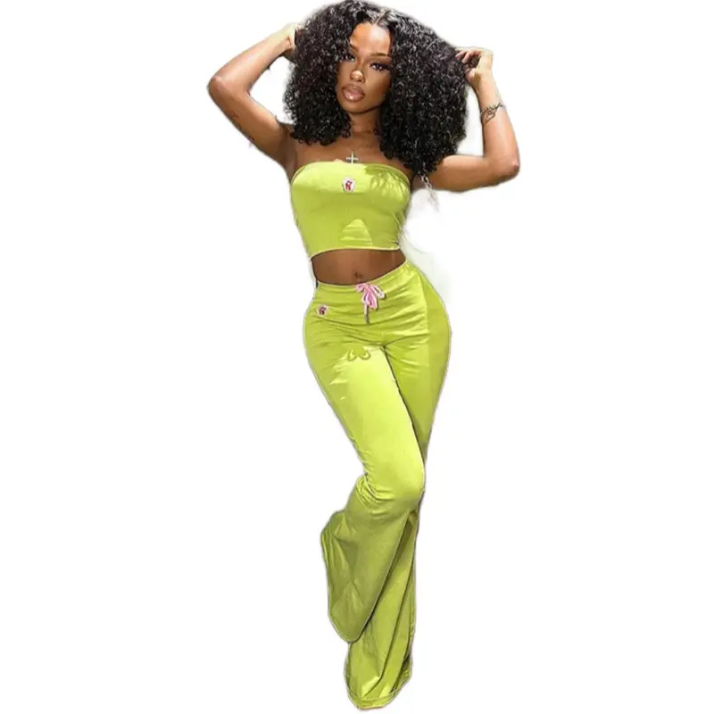 Tinkerbell 2 Piece Set Summer Looks - Neon Green Strapless Top & Wide Leg Pants Fashion Set
