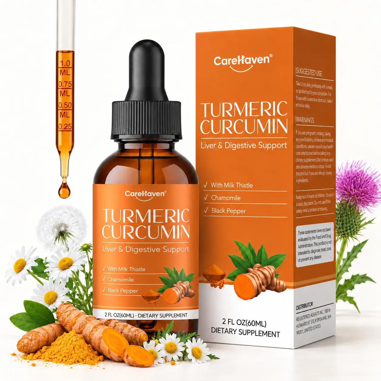 CareHaven Turmeric Curcumin Liquid Drops - with Milk Thistle, Dandelion, Chamomile, Black Pepper, Ginger - Orange Flavor Herbal digestive Supplement, 2 Fl Oz (60 mL)