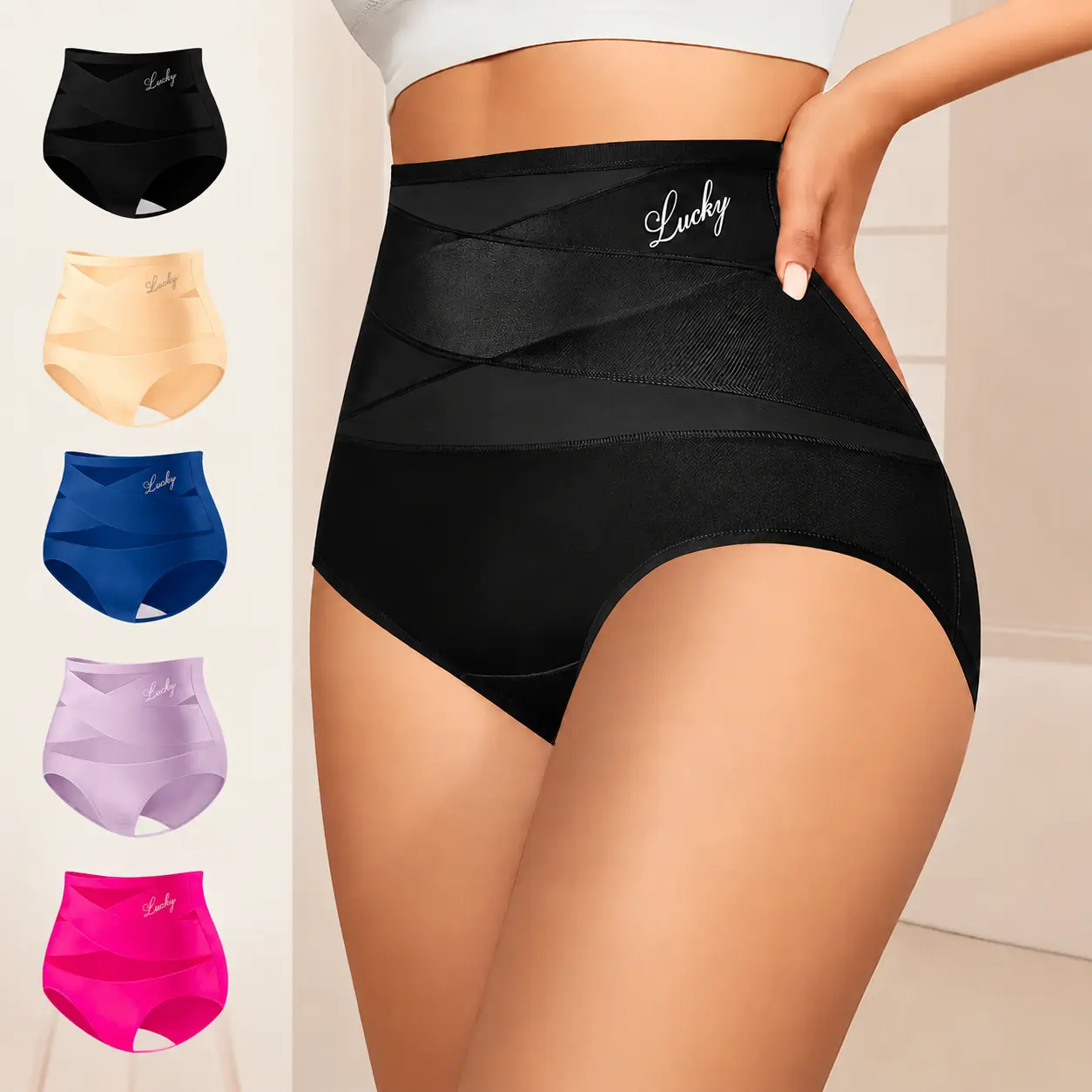 5-Pack  High-Waist Mesh Underwear, Breathable Panties, Lucky Letter Print, Soft Breathable Fabric, Stretchy Comfort, Sizes XS-xxl, All Seasons