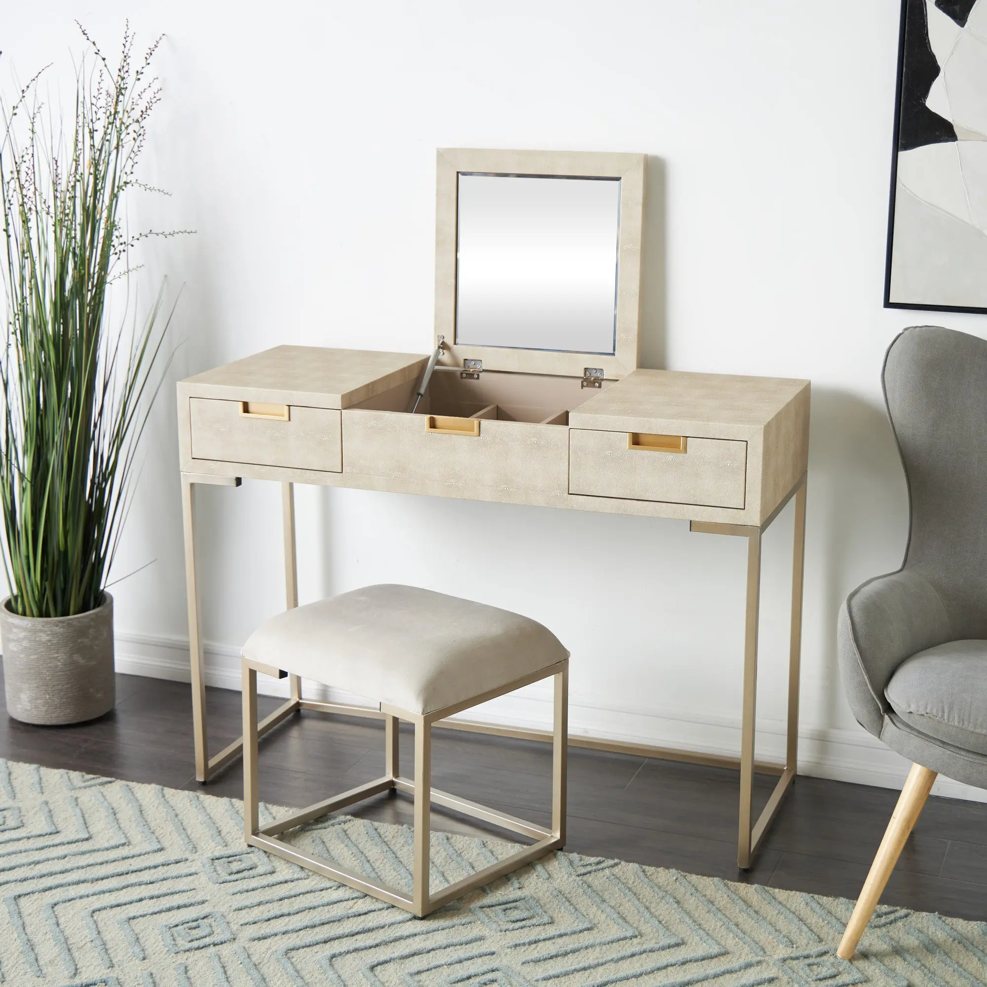 Unisex Minimalist Light Gray Home Makeup Vanity Set - MDF & Iron Frame, Sturdy Single Unit, Hidden Mirror, Upholstered Seat Stool, Fully Assembled 1-Person Indoor Furniture, Storage, 45.20l x 17.80w x 32.80h in, 57.16 lbs