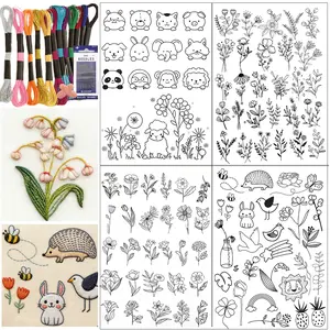 Floral Plant & Animal Water-Soluble Embroidery Stabilizer Pre-Printed Paper, Self-Adhesive Dissolvable Non-Woven Fabric, Floral Embroidery Design, Includes 12 Colors Thread