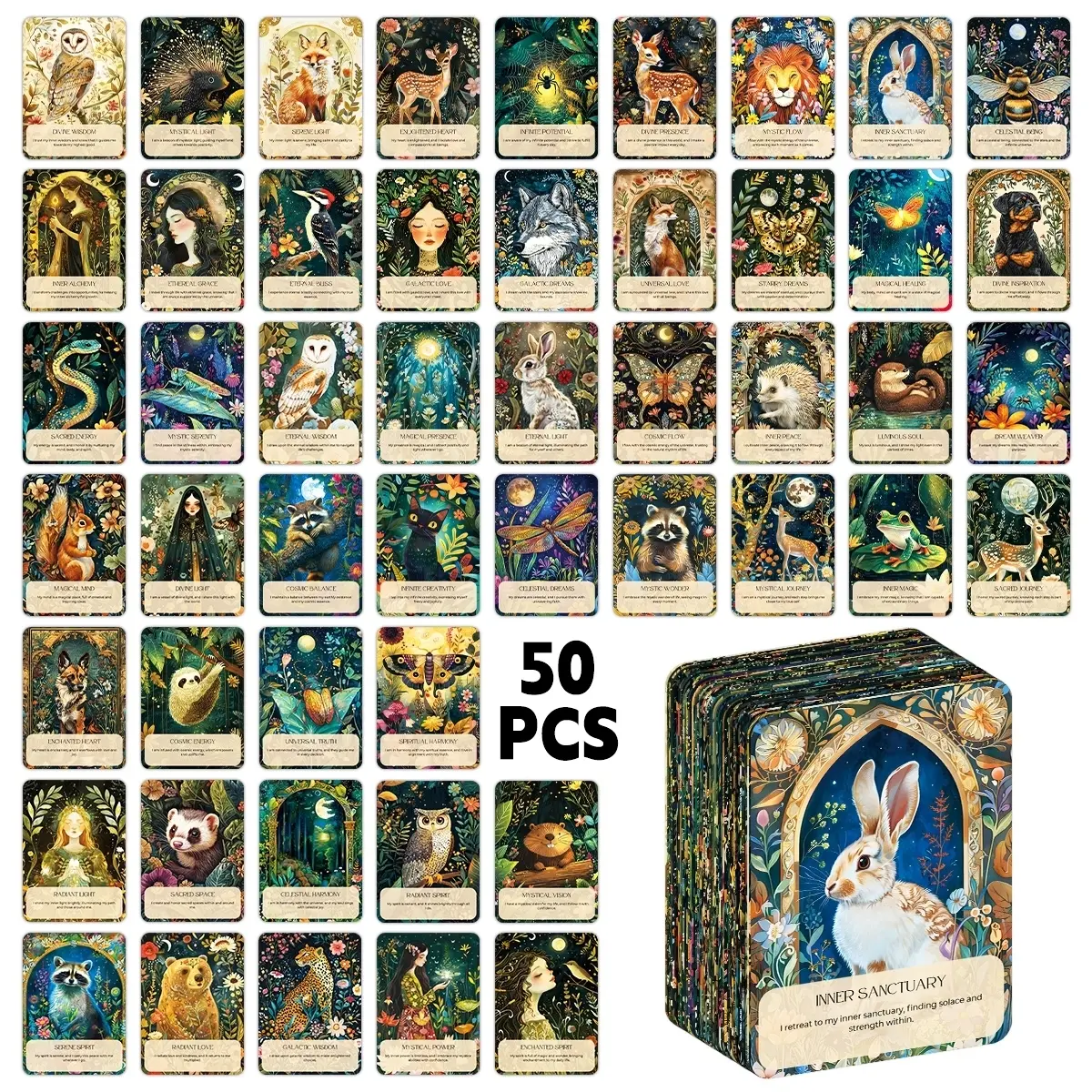 50pcs Magical Self-Love Positive Affirmations Cards Decks - Beautifully Illustrated Animals Motivational Oracle Cards for Confidence & Mindfulness - Self Care & Meditation Gift for Women Card Set