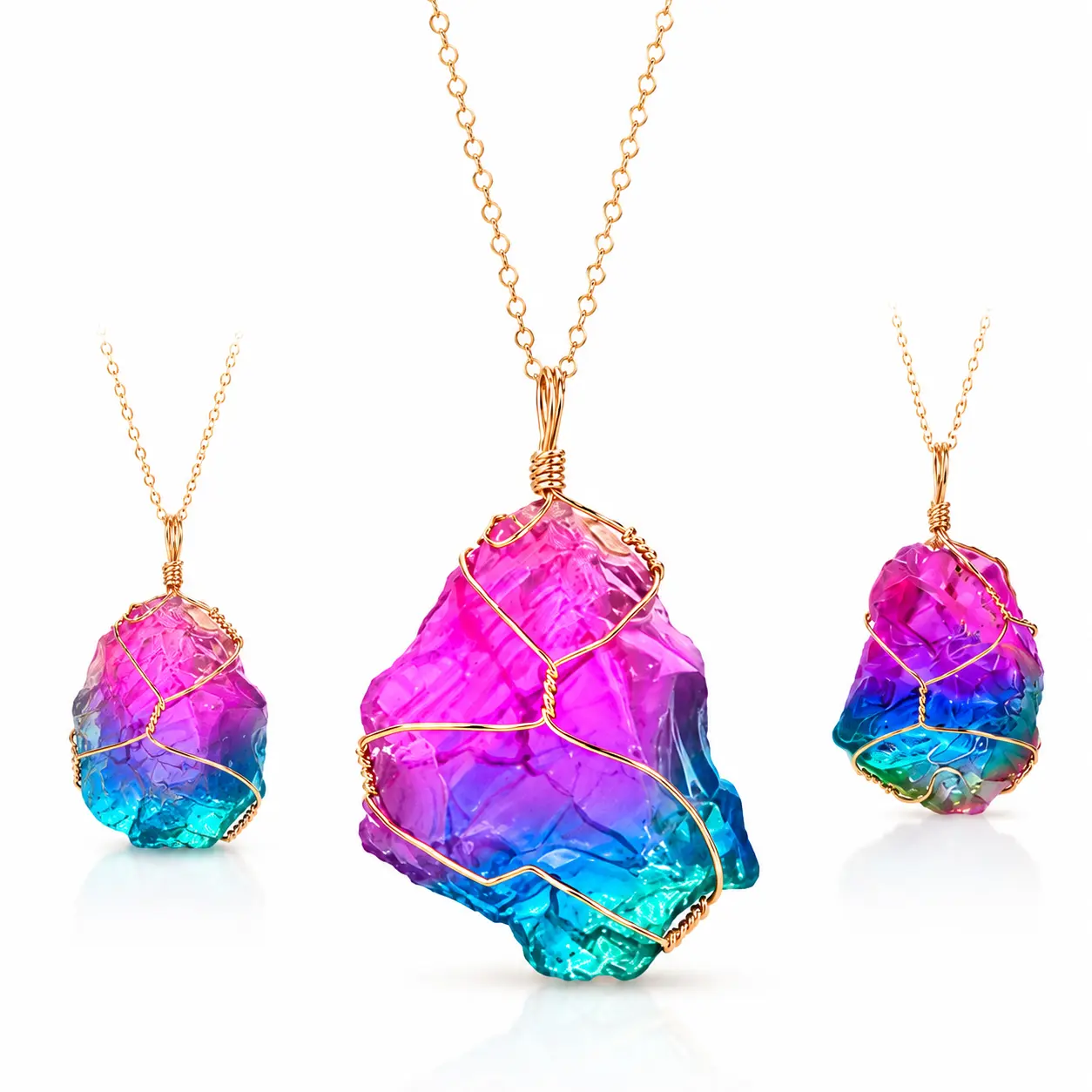 Rainbow Wire-Wrapped Crystal Pendant Necklace – Colorful Irregular Statement Jewelry for Women