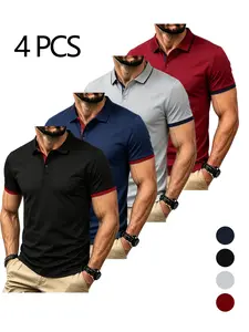 4-Pack Men's Colorblock Polo Shirts, Summer New Fashion Stylish Loose-Fit Breathable Short Sleeve, Business Casual Golf Multicolor T-Shirts