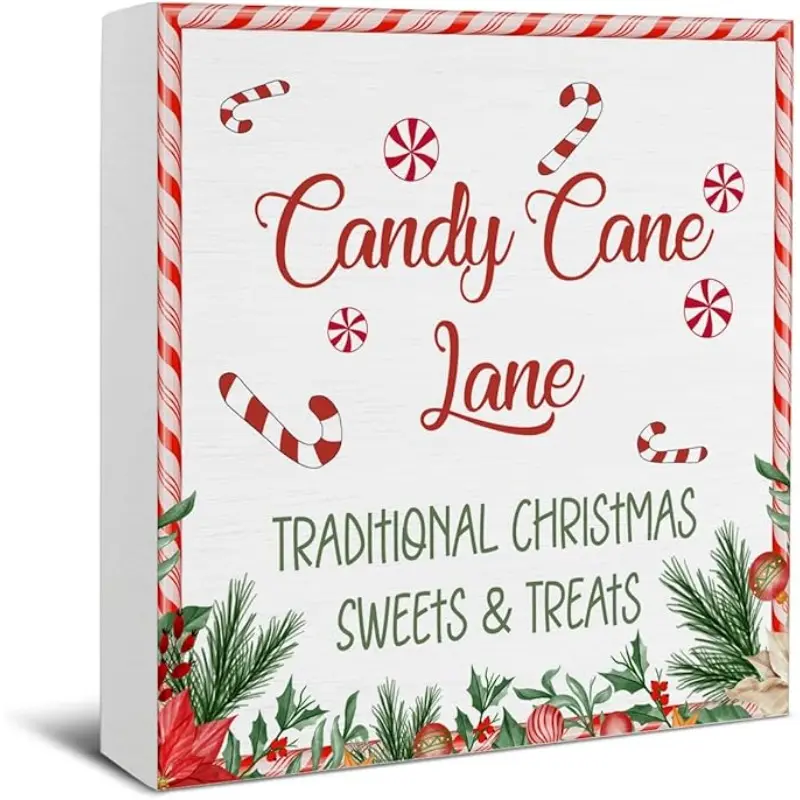 Candy Cane Christmas Decorations, Red Stripes Candy Cane Lane Sign, 5 X 5 Inches Farmhouse Indoor Holiday Xmas Decor