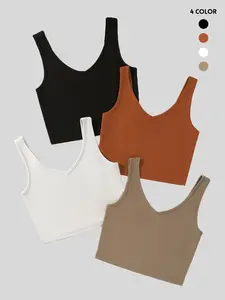 Women's Solid Backless Ribbed Fitted Crop Tank Top, Casual Sleeveless V Neck Crop Top for Summer, Ladies Clothes for Daily Wear