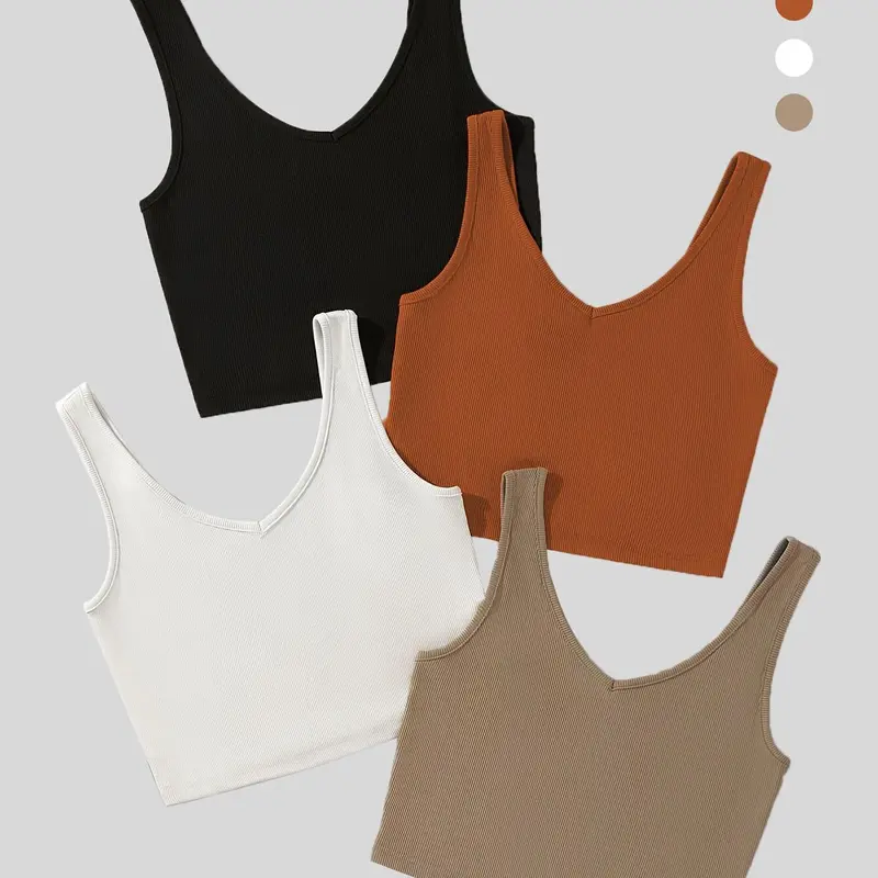 Women's Solid Backless Ribbed Fitted Crop Tank Top, Aesthetic Casual Style Sleeveless V Neck Crop Top for Summer, Ladies Clothes for Daily Wear, Casual Beach Tank