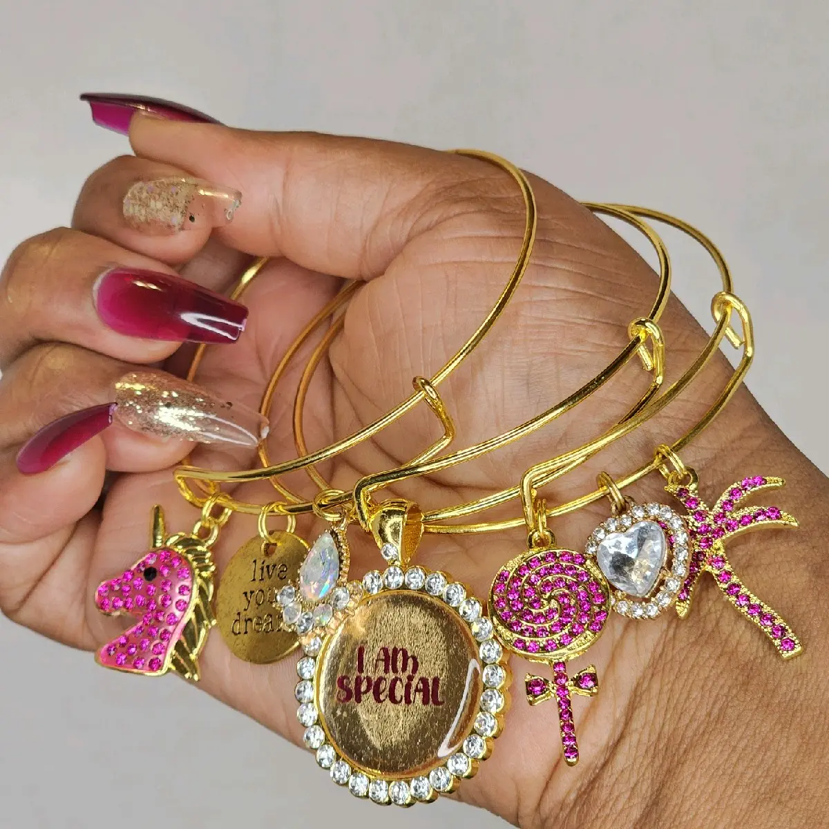 I Am Special Affirmation Manifestation Dark Pink Gold Bangle Set