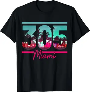 100% Cotton Miami 305 Area Code Florida Vintage Palm Trees Pride Retro T-Shirt