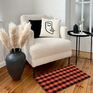 Orange and Black Checkered Doormat - Thanksgiving & Christmas Welcome Entrance Carpet, Non-Slip Indoor Home Decoration Mat