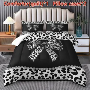 Leopard Print Bow Bedding Set, 3 Piece Comforter & Pillowcases, Cotton Material, Glam Bed Decor, Perfect for Bedroom