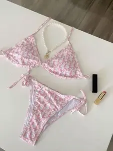 Bikini 2-Piece Women Swimsuit Pink Monogram Triangle String Bikini Set Sexy Tie Side Beach Swimwear Summer Vacation Outfit