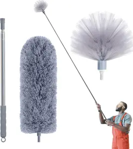 Extendable Cobweb Duster with Long Pole, Microfiber Feather Duster for Ceiling Fan & High Ceiling Cleaning, Washable Head Spider Web Brush for Wall, Furniture & Home
