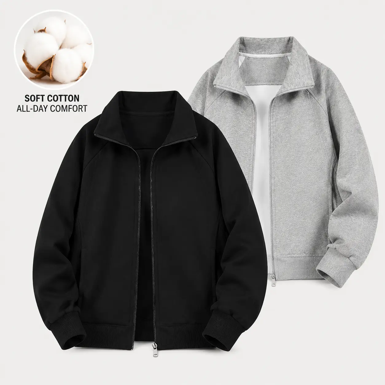 Unisex lightweight zip jacket | Cotton blend stand collar outerwear | Autumn/winter casual street-style outer layer, lightweight and comfortable everyday jacket