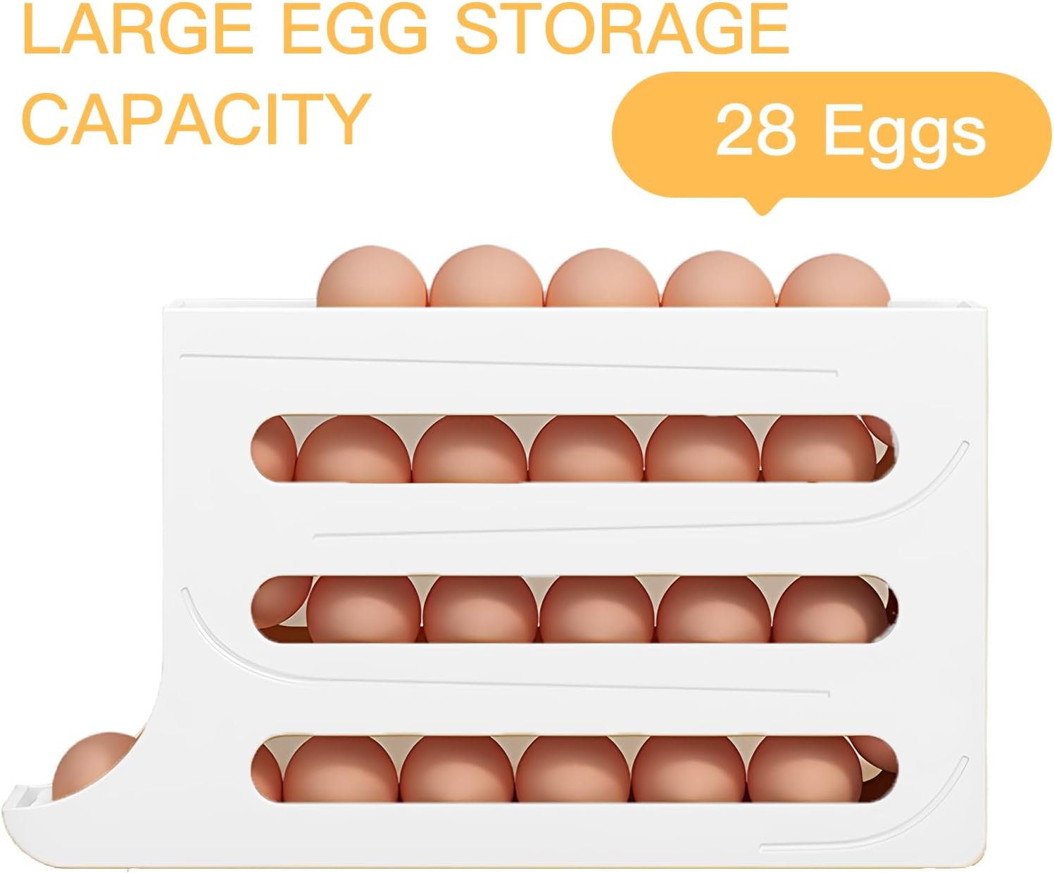 Egg Dispenser Automatic Rolling Egg Tray Organizer - Holds 28 Eggs, Space Saving Refrigerator Egg Roller for Dining Table, Kitchen & Cabinets