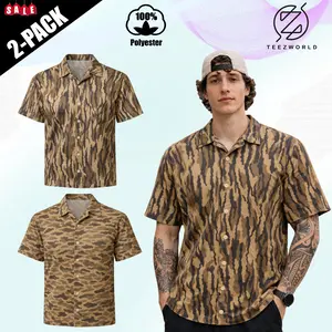 [Pack - 2] Men's Hawaiian camouflage hunting shirt, Cuban collar, camouflage print, regular fit, short sleeves, suitable for summer, beach, vacation, Aloha shirt, outdoor activities, hunting, fishing, camping, street style, fashion, everyday wear