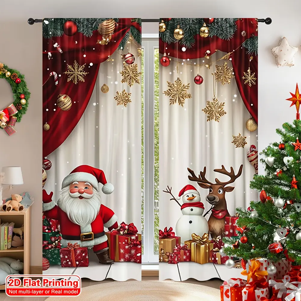 2-Piece set, 2D flat print, cartoon Santa design, Christmas theme, rod pocket design, suitable for multi-room, bedroom, living room, kitchen, home decoration, Christmas decoration, Merry Christmas curtains, Home Decor Ornament.