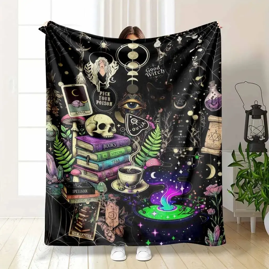 Cool Witchcraft Blanket Pick Your Poison Good Witch Print Soft Flannel Fleece Throw Black Cat Skull Tarot Card Pattern Gothic Decor Gift For Goth Girl summerwins