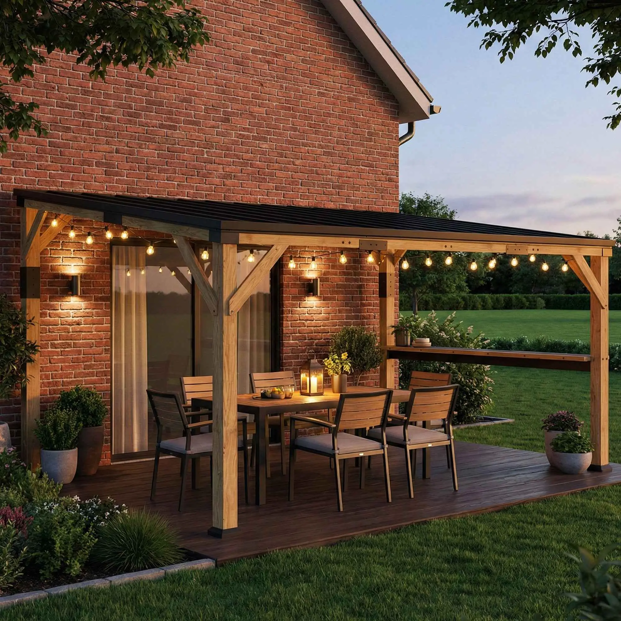 10x14 Lean-To Gazebo: Stylish Wooden Pergola with Steel Roof & Bar Shelf