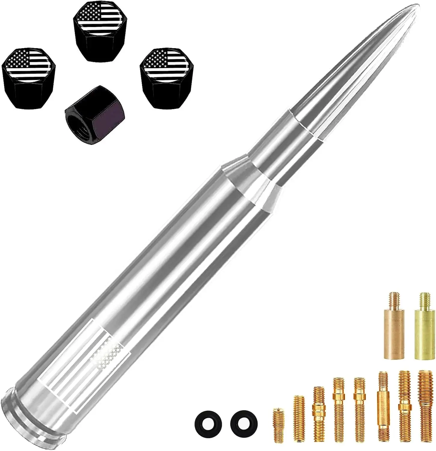 America Flag Truck Bullet Antenna with Valve Stem Caps-Car wash Safe-Universal Mast for GM Chevy Silverado 1500 2500 3500 HD Avalanche Ford F150 F250 F350 Denali Pickup Car Accessories (Chrome)