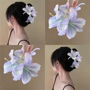 1pc Elegant Blue Lily Flower Hair Clip - Chinese Style Floral Hairpin with Intricate Petals, Linen Material, Perfect for Valentine’s Day or Casual Attire, Cute Hair Accessories