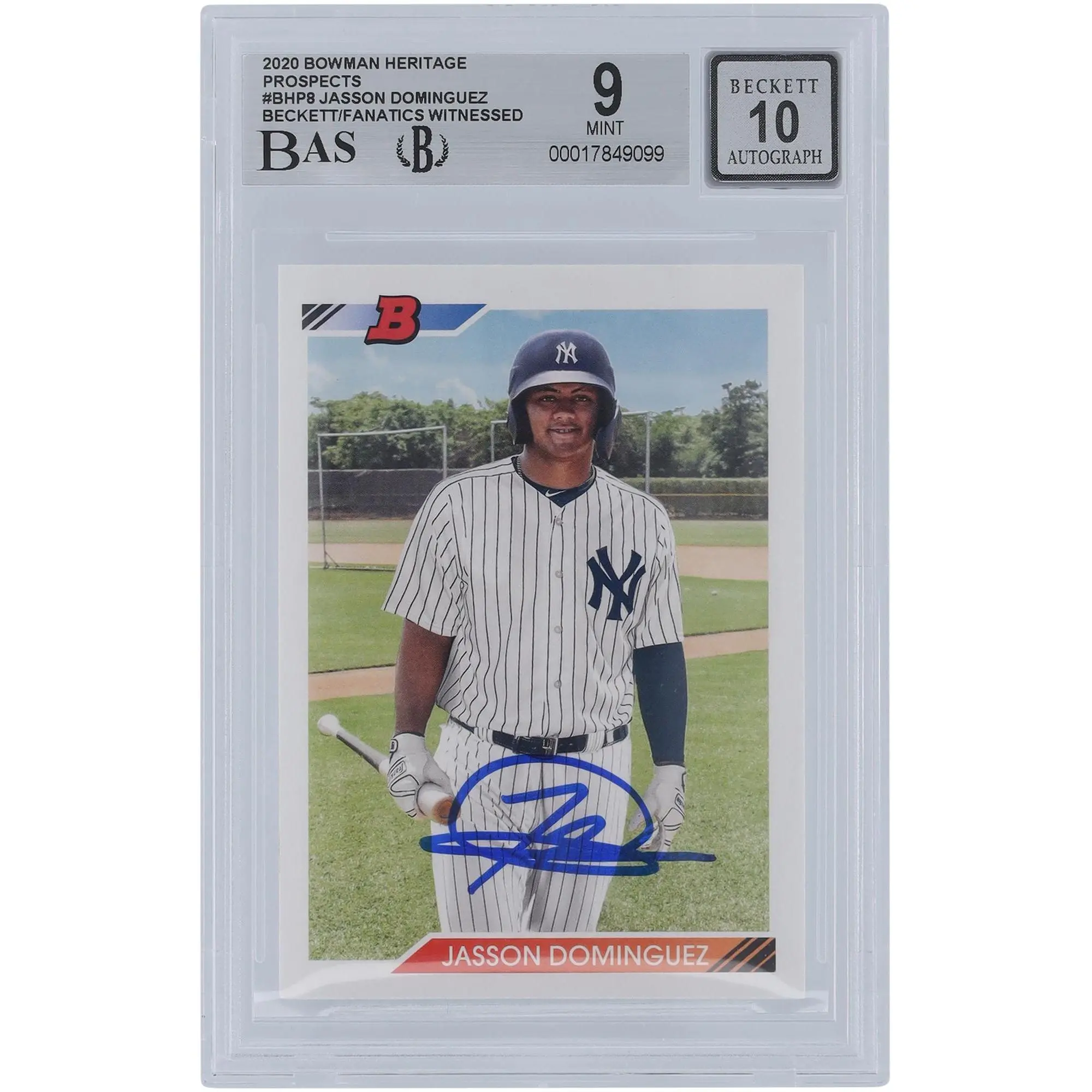 Jasson Dominguez New York Yankees Autographed 2020 Bowman Prospects Heritage #BHP-8 Beckett Fanatics Witnessed Authenticated 9/10 Card - Fanatics Authentic Certified