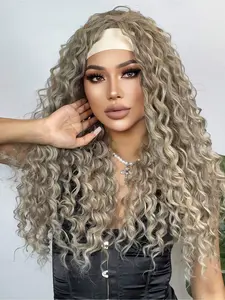 Headband Wig Synthetic Hair Deep Wave, No Lace Front, Curly Hair Half Wig for Women, Ombre Kaki &, Multi-Color Options, Curly Wavy Wig