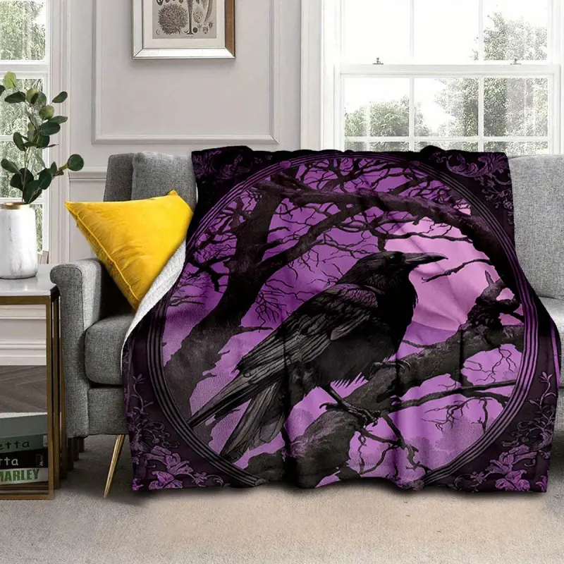 Gothic Raven Printed Polyester Flannel Blanket - Soft Thermal Bed Warmer Blanket, 100% Polyester Large Multi-Purpose Holiday Gift for Sofas, Beds, Camping, Bed Warmer Blankets