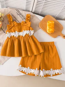Girls' Two-Piece Set, Floral Trim Halter Top with 3D Bow, Matching Floral Shorts, Matching Outfit Set, Casual Outdoor for Spring and Summer