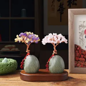 Natural Gemstone Made Crystal Gravel Ceramic Flowerpot Bottom Tree, 1 Count Healing Stones Handwoven Decoration, Home Decor Ornament for Living Room Bedroom Office