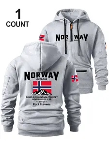 Men's Fall Winter Half-Zip Hoodie Sweatshirt, Flag Pattern Print, Fashion Zip Pocket Design, Loose Fit Casual Clothing