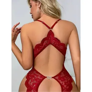 Hot Red Backless Bodysuit – Sheer Lace Teddy for Women Tie Front Crop Top Set Floral Corset and Mesh Party with Fishnets Adjustable Sleeveless Satin Slim Fit Women's Faux Leather Harness Garter transparent theme black cute private Print