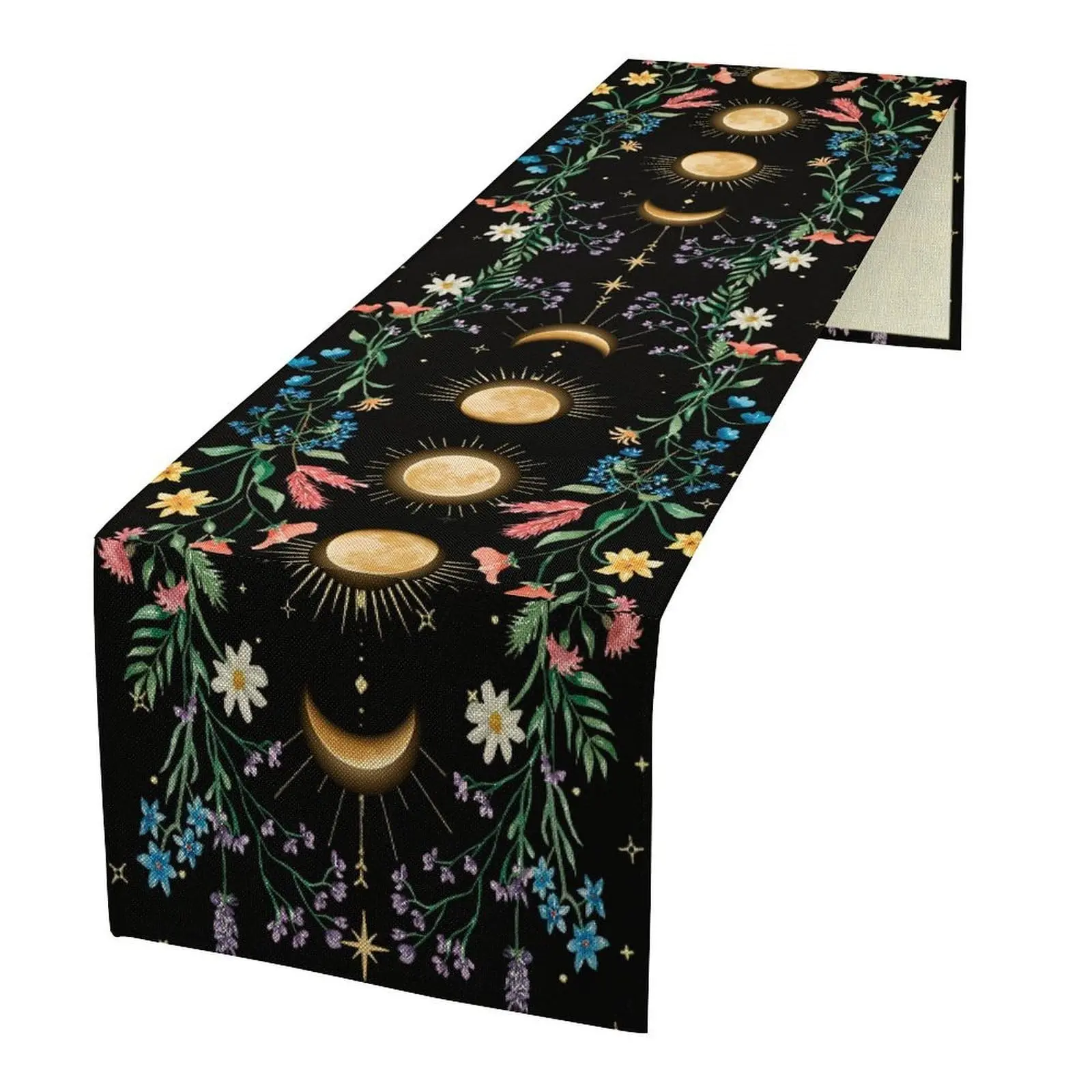 Vintage Moon Phase Table Runner, Bohemian Vintage Floral Gothic Witchy Witchcraft Moonlight Plant Print Table Runner, for Kitchen, Dining Room, Bedroom Tables, and Home Party Decor
