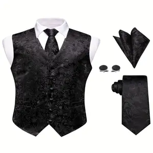 Vintage Style Men's Jacquard Print Dress Suit Set, V-neck Button Up Vest Jacket, Tie, Handkerchief And Cufflinks, Smart Elegant for Banquet Formal Party Wear tuxedo baggy  prom