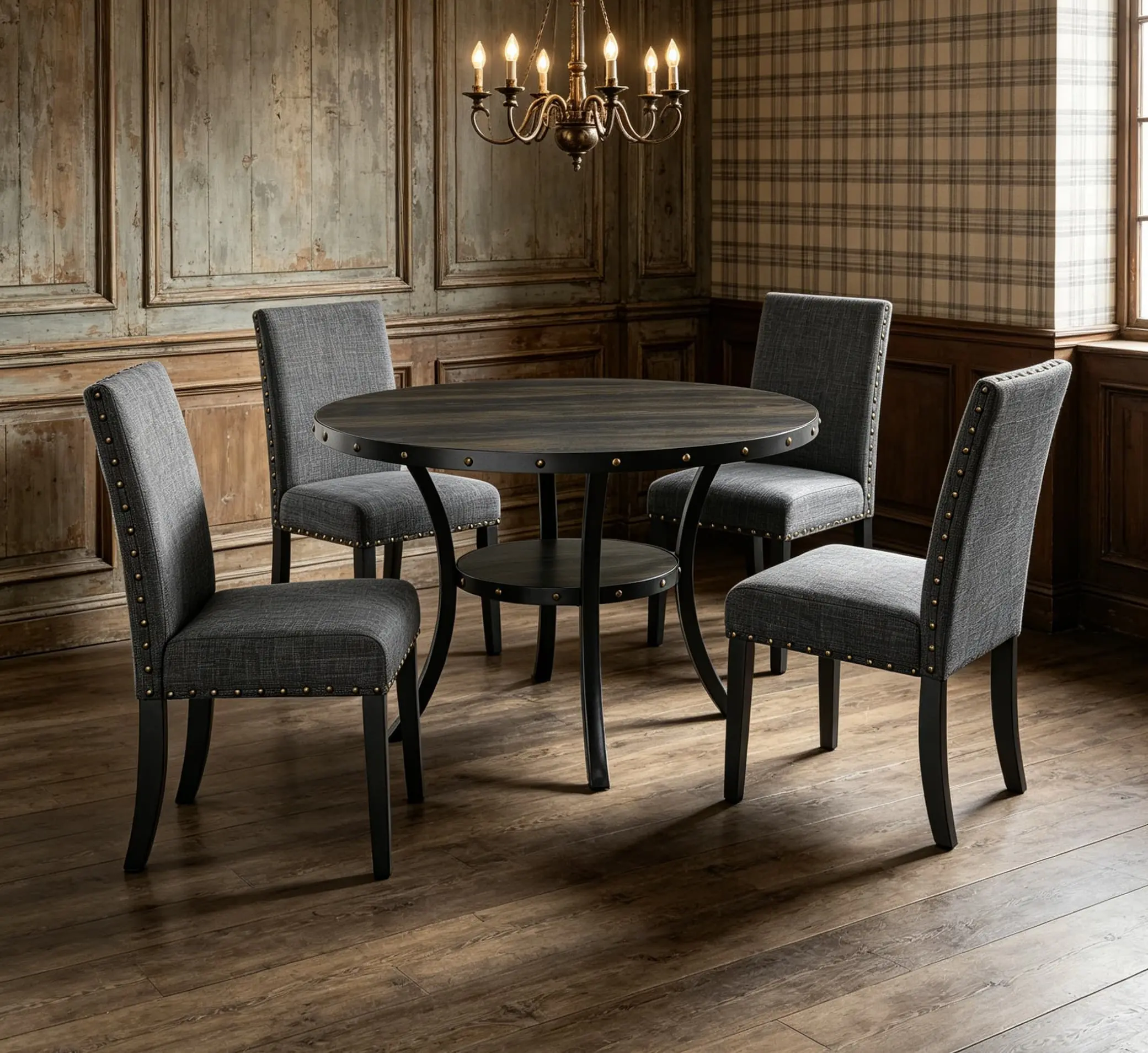 Biony Espresso Wood Dining Set with Blue Fabric Nailhead Chairs 5 Piece Set Includes Table & 4 Chairs Brass Nailheads Coffee Bean Finish