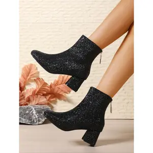 Women's Plus Size Short Boots, Round Toe Chunky Heel, Shiny Sequins Side Zipper, Fashionable Ankle Booties for Fall & Winter