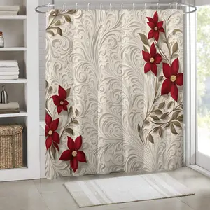 [Red Floral Print] 1pc Thick Polyester Shower Curtain, Beige Base with Red Floral Print, Retro Style, Stainless Steel Metal Decorative Hooks Included, Bathtub Bathroom Home Decoration, All-Season Universal