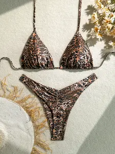 Summer Dark Leopard Print Sexy Plus Size Thong Bikini Set, Concealing Hot Girl Two-Piece Swimsuit, Casual Style, All Seasons