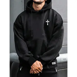 Men's Casual Minimalist Cross Print Drawstring Hoodie With Pocket, Back To School, For Fall Winter