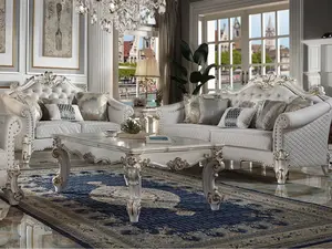 Acme LV01329-30 Astoria Grand Bordadora Vendome II Antique Pearl Finish Wood Set - 2 pc Ivory Fabric Sofa & Love Seat with Carved Accents & Nail Head Trim - Living Room Couch