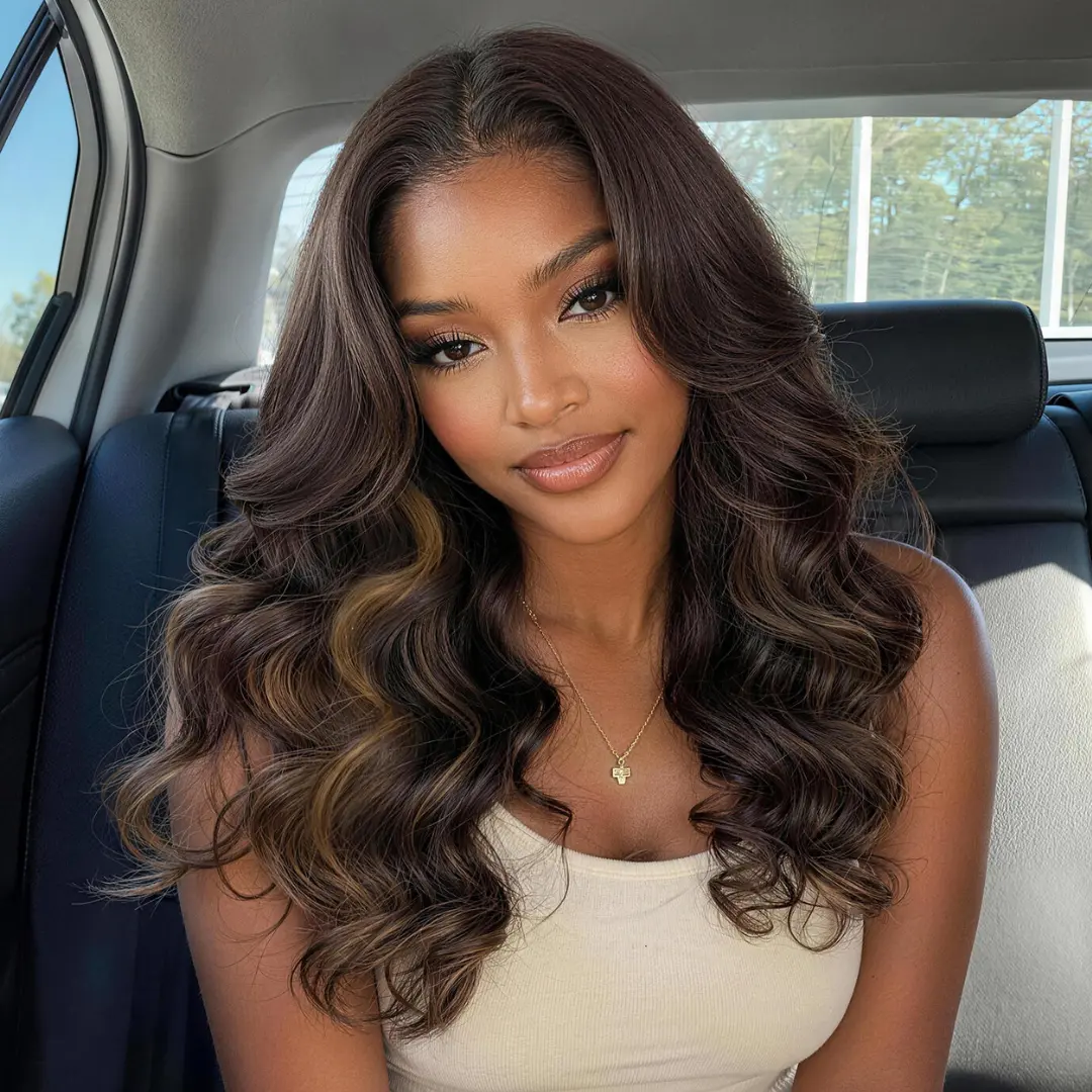 Sunber 7x5 Pre-Cut HD Lace Chocolate Brown Balayage Loose Wave Human Hair Wig with Blonde Honey Highlights Face-Framing Curtain Bangs Long Layered Glueless Wear & Go Wig for Black Women
